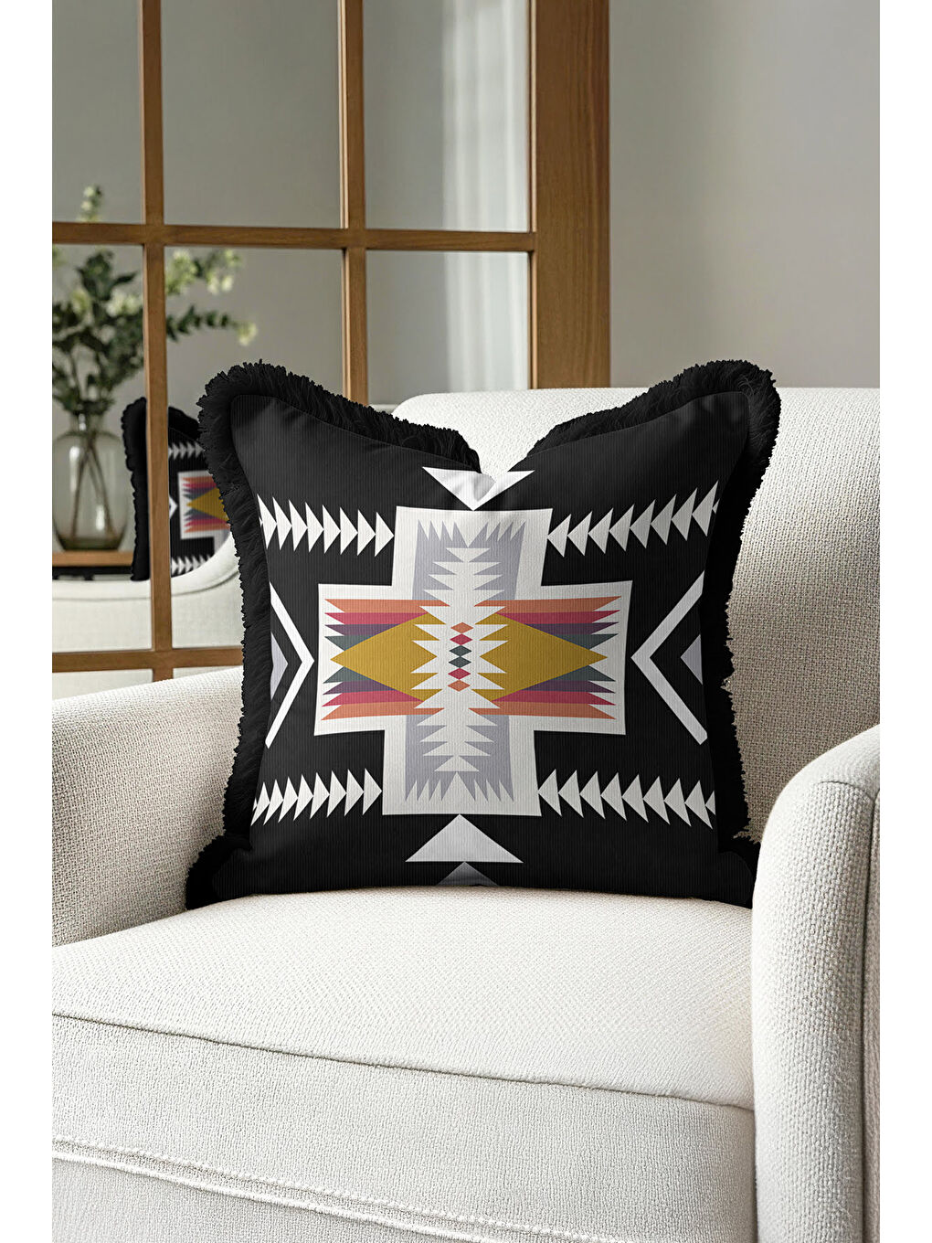 Karışık Etnik Geometrik Saçaklı Yastık Kılıfı - Bohem Siyah Altın Renkli Püsküllü Kırlent Kılıfı