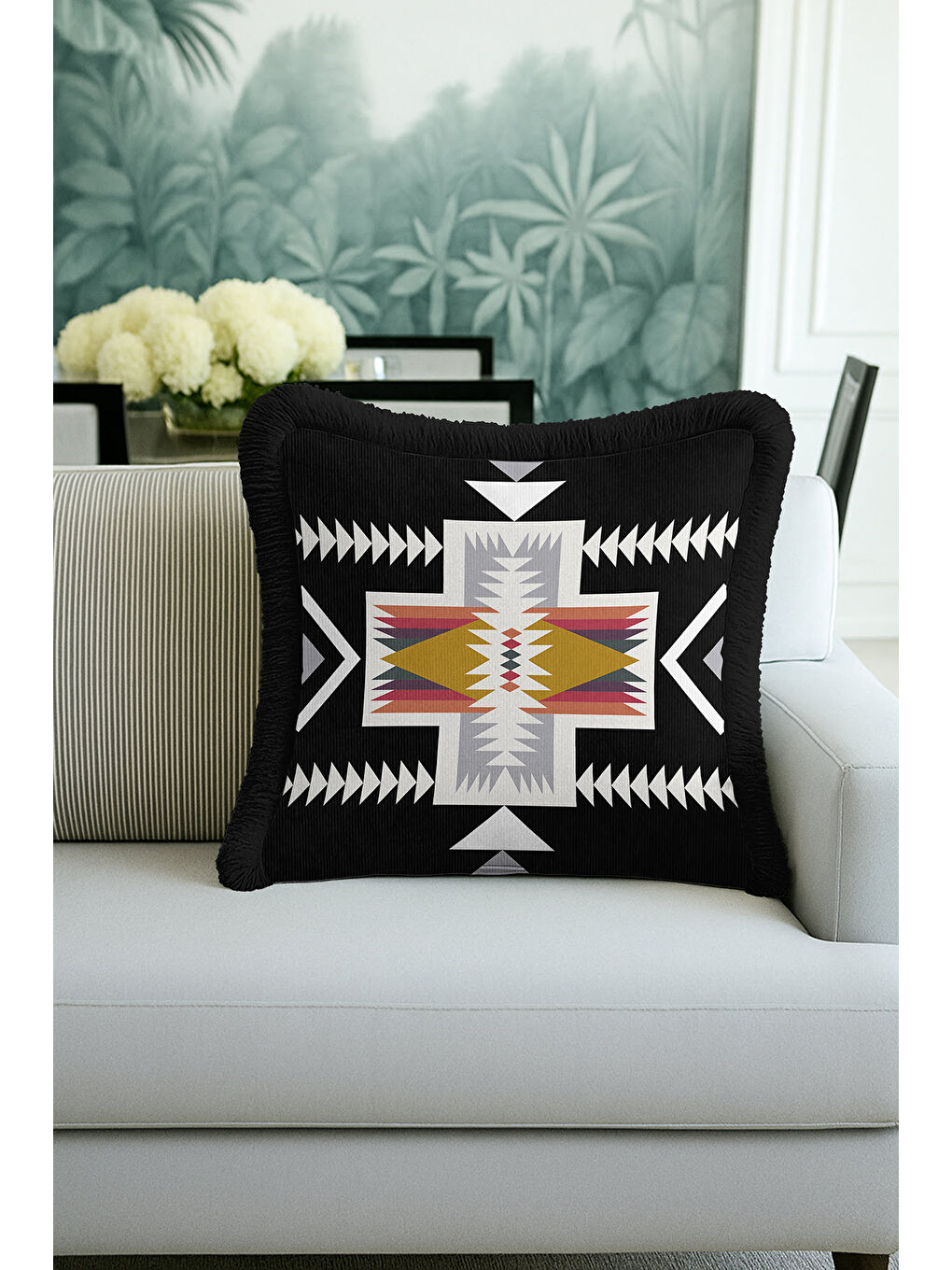 Karışık Etnik Geometrik Saçaklı Yastık Kılıfı - Bohem Siyah Altın Renkli Püsküllü Kırlent Kılıfı-1