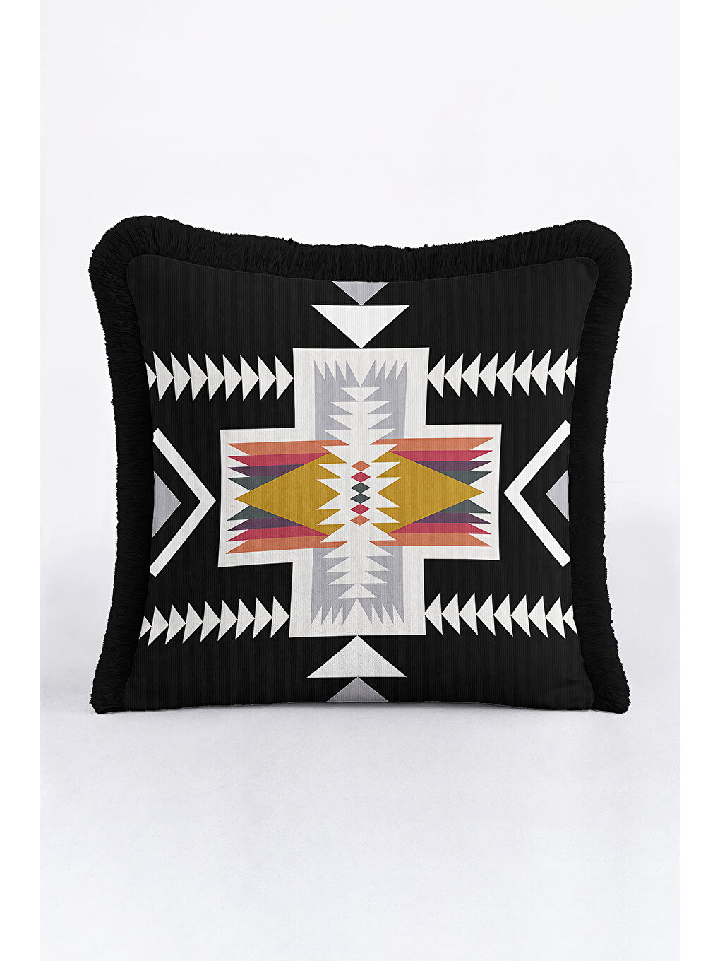 Karışık Etnik Geometrik Saçaklı Yastık Kılıfı - Bohem Siyah Altın Renkli Püsküllü Kırlent Kılıfı-3