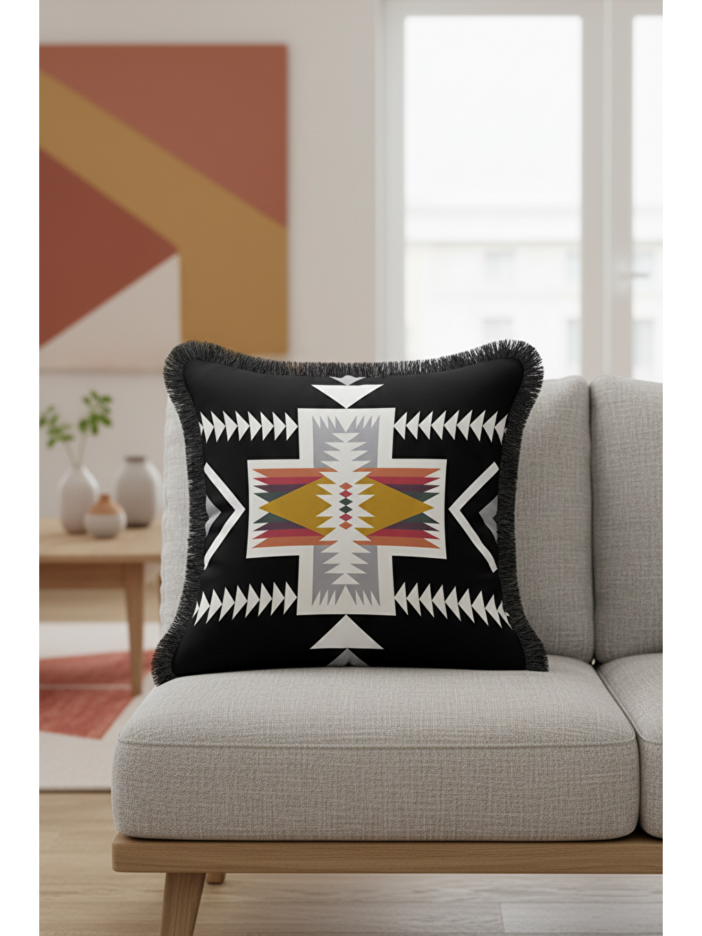 Karışık Etnik Geometrik Saçaklı Yastık Kılıfı - Bohem Siyah Altın Renkli Püsküllü Kırlent Kılıfı-4