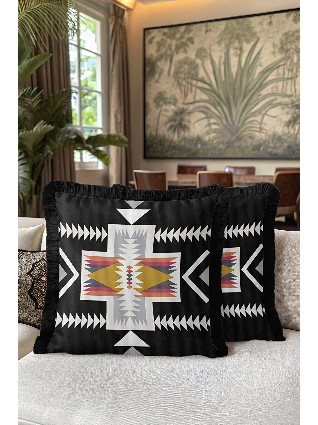 Karışık Etnik Geometrik Saçaklı Yastık Kılıfı - Bohem Siyah Altın Renkli Püsküllü Kırlent Kılıfı-5