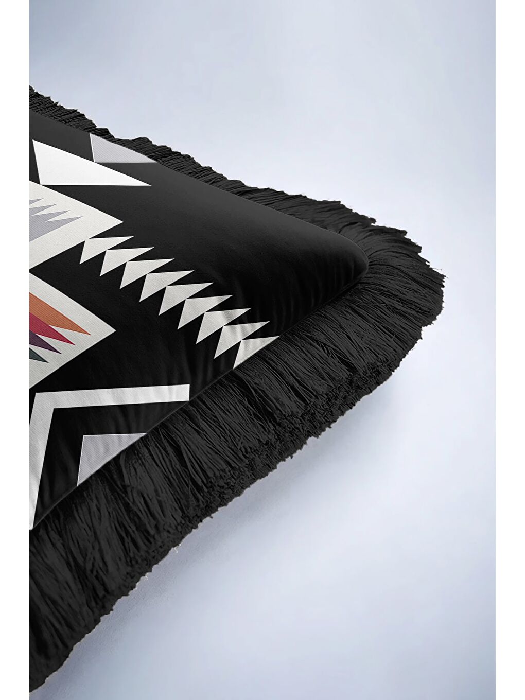 Karışık Etnik Geometrik Saçaklı Yastık Kılıfı - Bohem Siyah Altın Renkli Püsküllü Kırlent Kılıfı-6