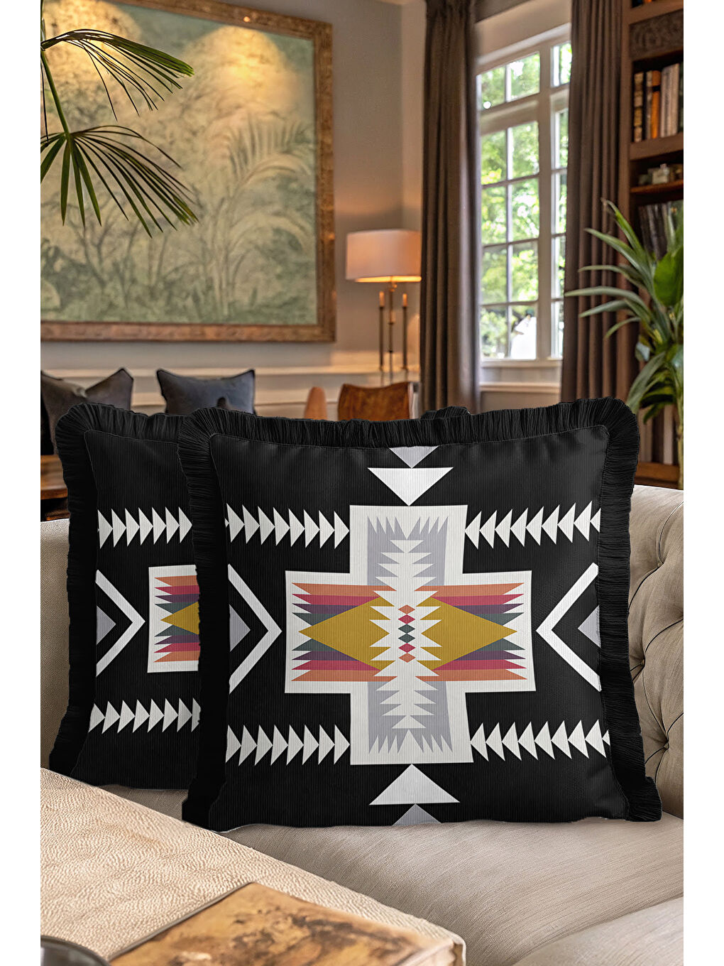 Karışık Etnik Geometrik Saçaklı Yastık Kılıfı - Bohem Siyah Altın Renkli Püsküllü Kırlent Kılıfı-7