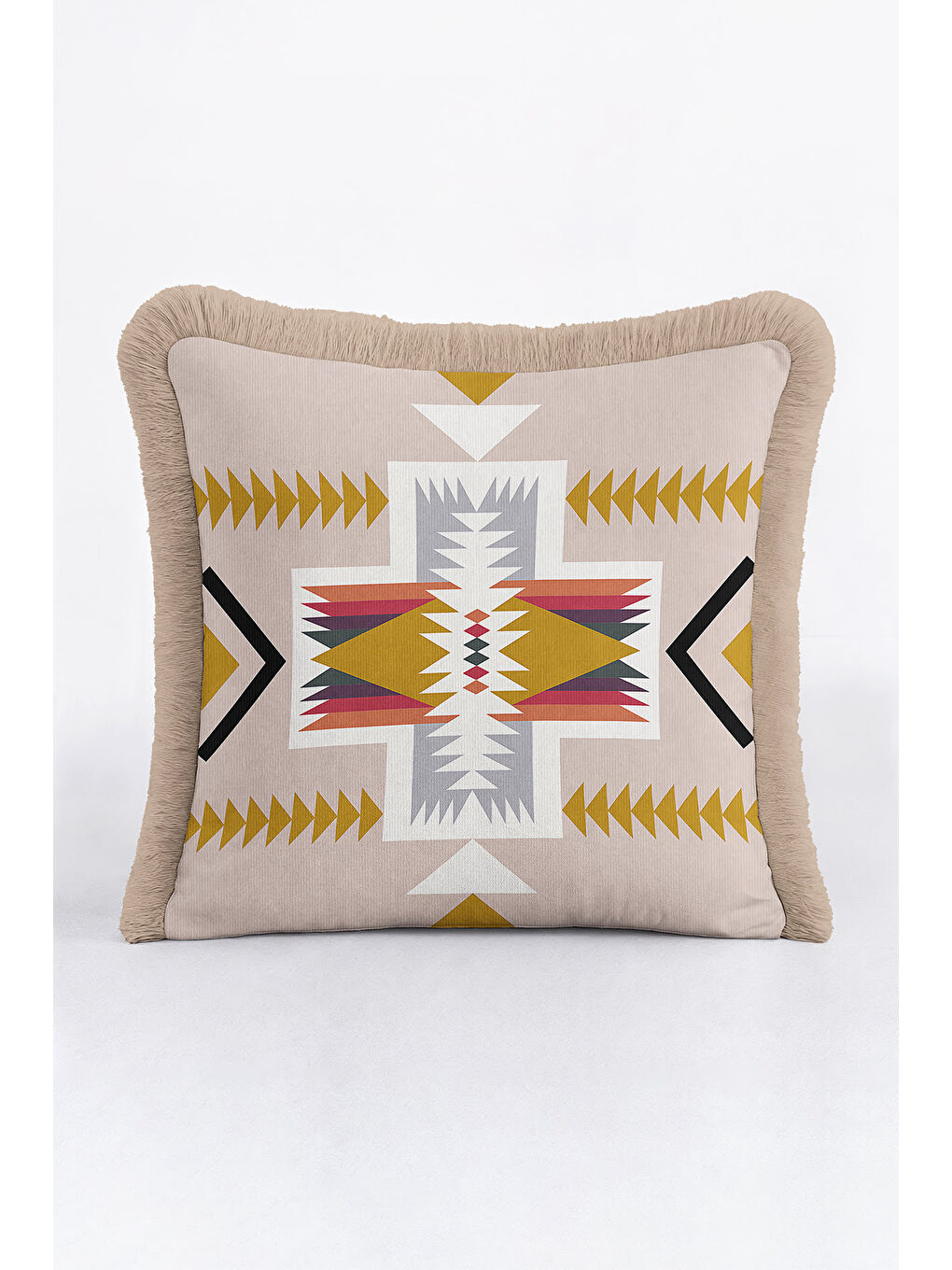 Karışık Etnik Motifli Saçaklı Yastık Kılıfı - Bohem Geometrik Bej Altın Renkli Püsküllü Kırlent Kılıfı