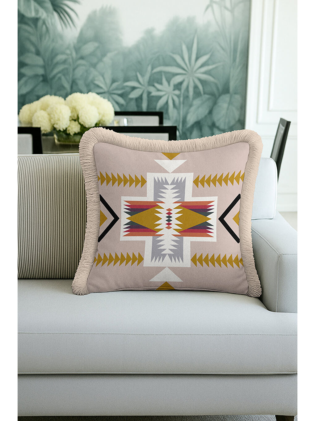 Karışık Etnik Motifli Saçaklı Yastık Kılıfı - Bohem Geometrik Bej Altın Renkli Püsküllü Kırlent Kılıfı-1