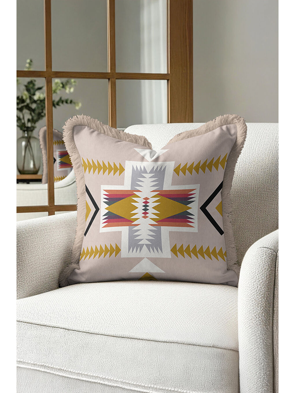 Karışık Etnik Motifli Saçaklı Yastık Kılıfı - Bohem Geometrik Bej Altın Renkli Püsküllü Kırlent Kılıfı-2