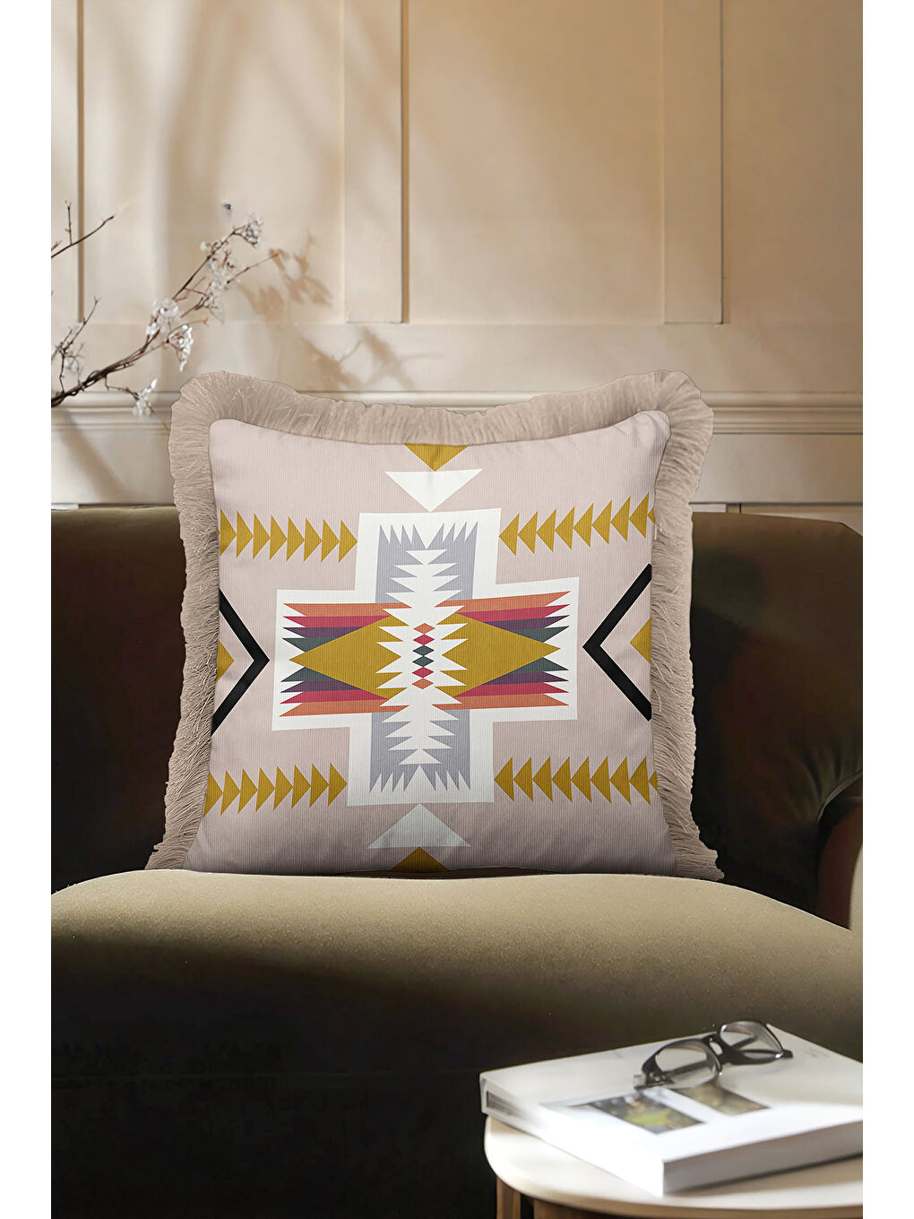 Karışık Etnik Motifli Saçaklı Yastık Kılıfı - Bohem Geometrik Bej Altın Renkli Püsküllü Kırlent Kılıfı-3