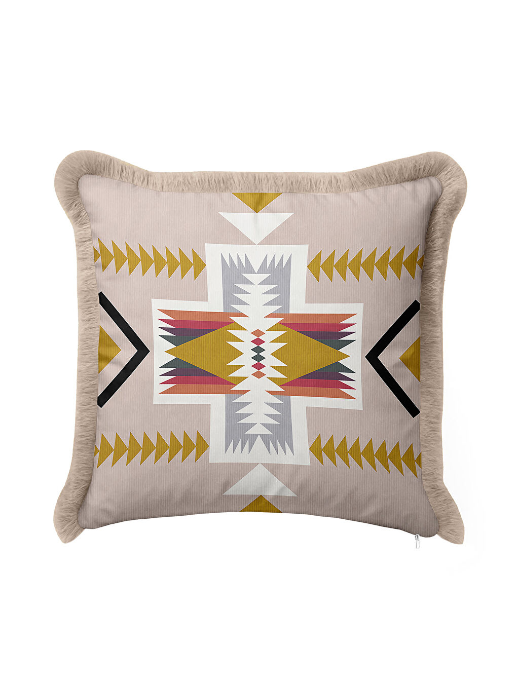 Karışık Etnik Motifli Saçaklı Yastık Kılıfı - Bohem Geometrik Bej Altın Renkli Püsküllü Kırlent Kılıfı-4