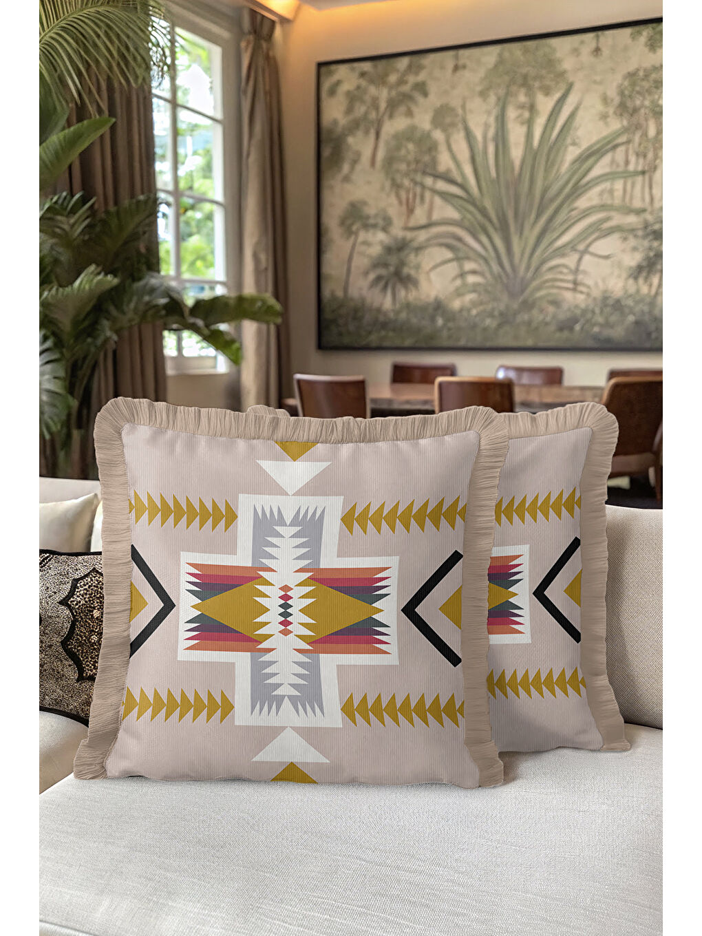 Karışık Etnik Motifli Saçaklı Yastık Kılıfı - Bohem Geometrik Bej Altın Renkli Püsküllü Kırlent Kılıfı-5