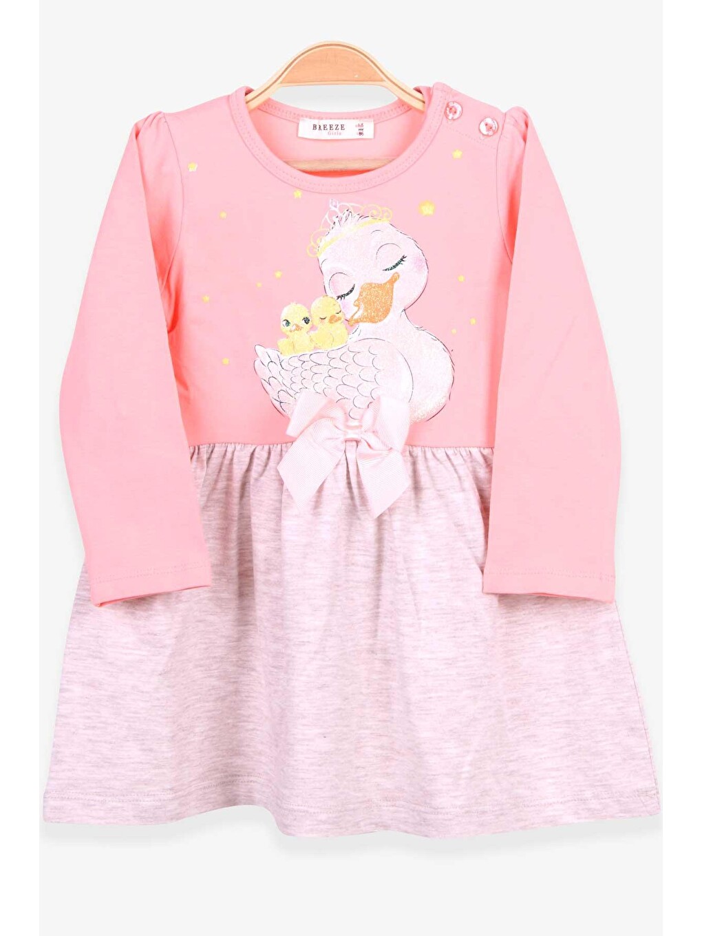 Pembe Kız Bebek Uzun Kollu Elbise Simli Ördek Baskılı Somon (5 Yaş)