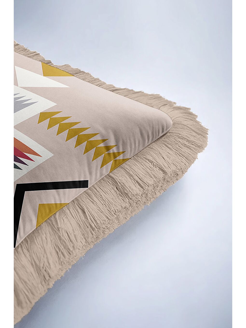 Karışık Etnik Motifli Saçaklı Yastık Kılıfı - Bohem Geometrik Bej Altın Renkli Püsküllü Kırlent Kılıfı-6