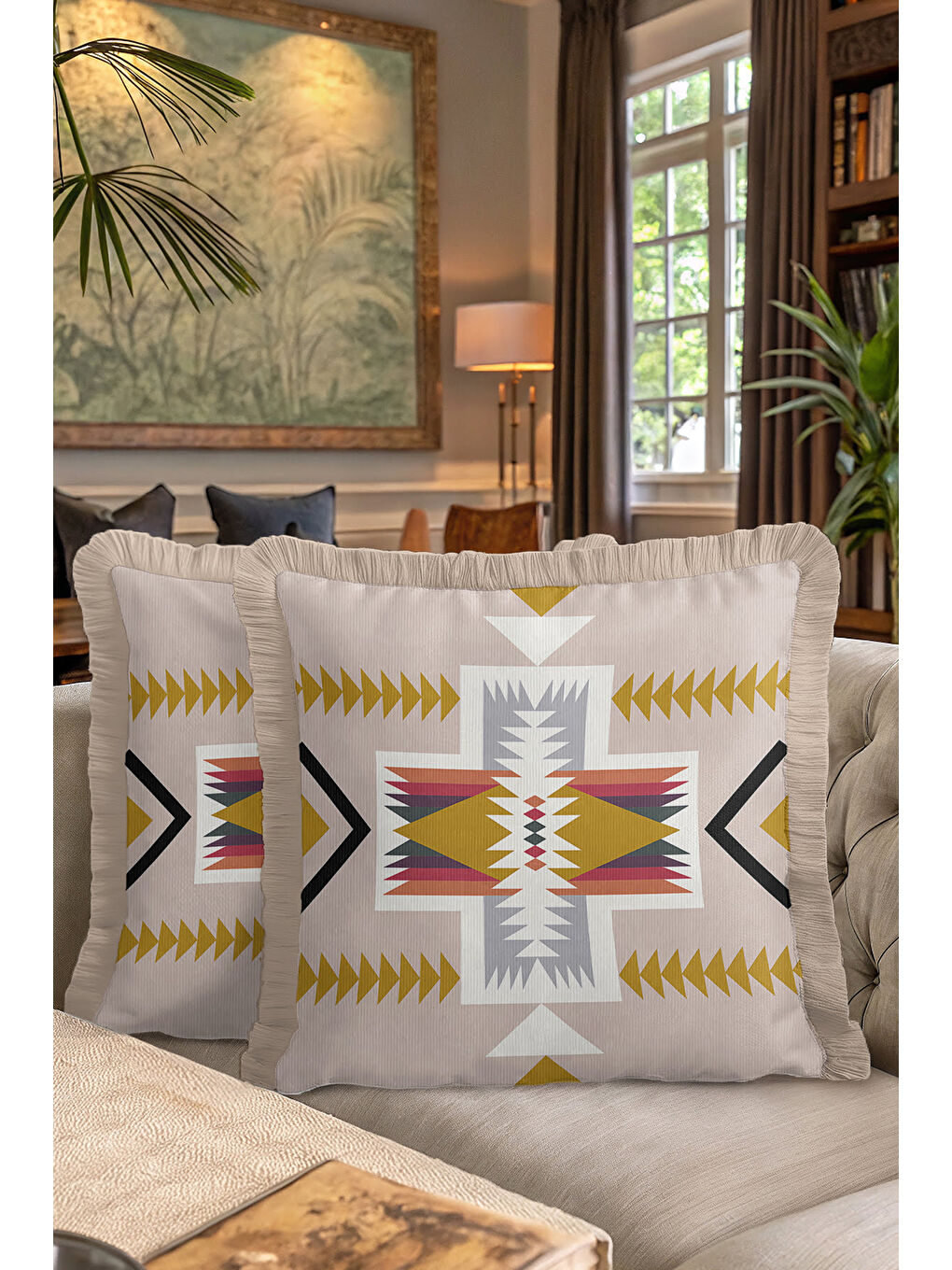 Karışık Etnik Motifli Saçaklı Yastık Kılıfı - Bohem Geometrik Bej Altın Renkli Püsküllü Kırlent Kılıfı-7
