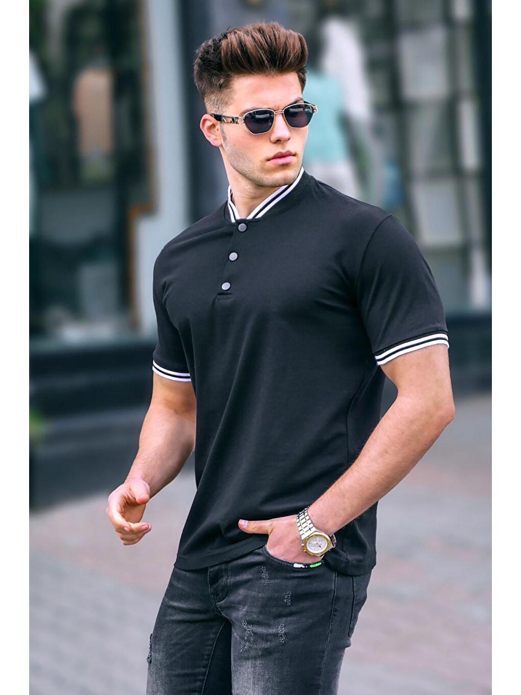 Siyah Düz Polo Yaka Erkek Tişört