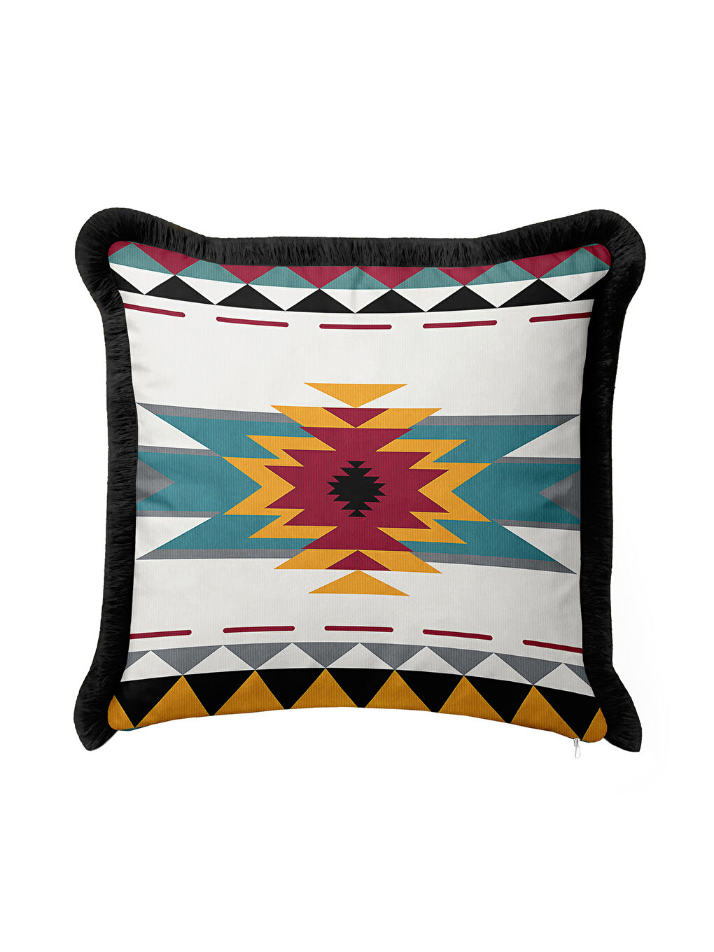 Karışık Etnik Geometrik Saçaklı Yastık Kılıfı - Bohem Tribal Modern Sarı Siyah Püsküllü Kırlent Kılıfı-2
