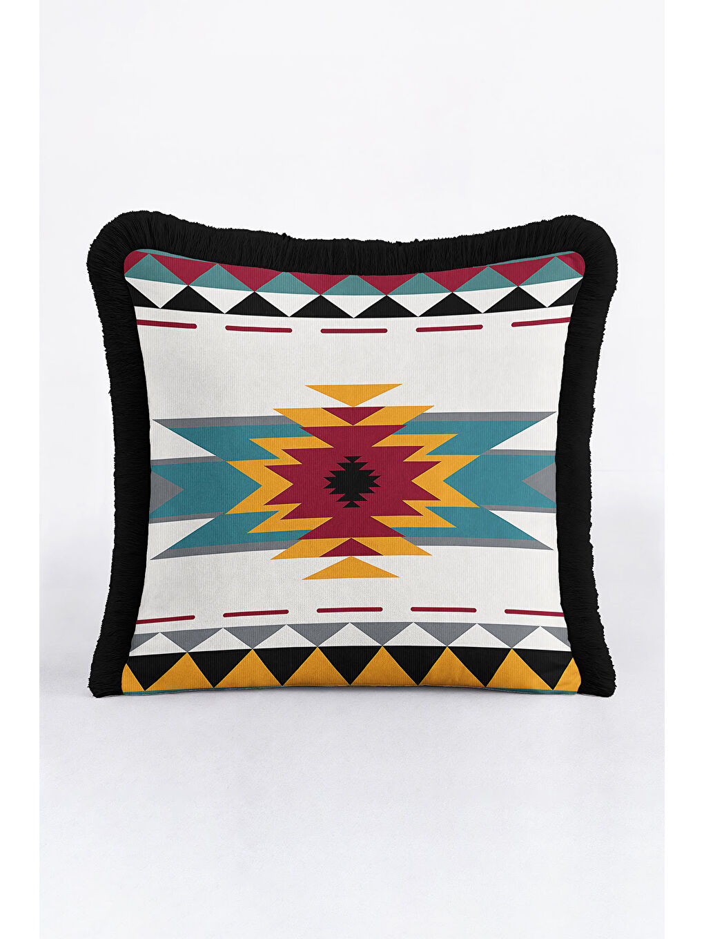 Karışık Etnik Geometrik Saçaklı Yastık Kılıfı - Bohem Tribal Modern Sarı Siyah Püsküllü Kırlent Kılıfı-3