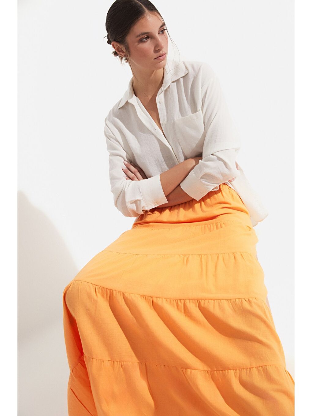 Pembe Kadın Pamuk Büzgü Detaylı Maxi Etek-4