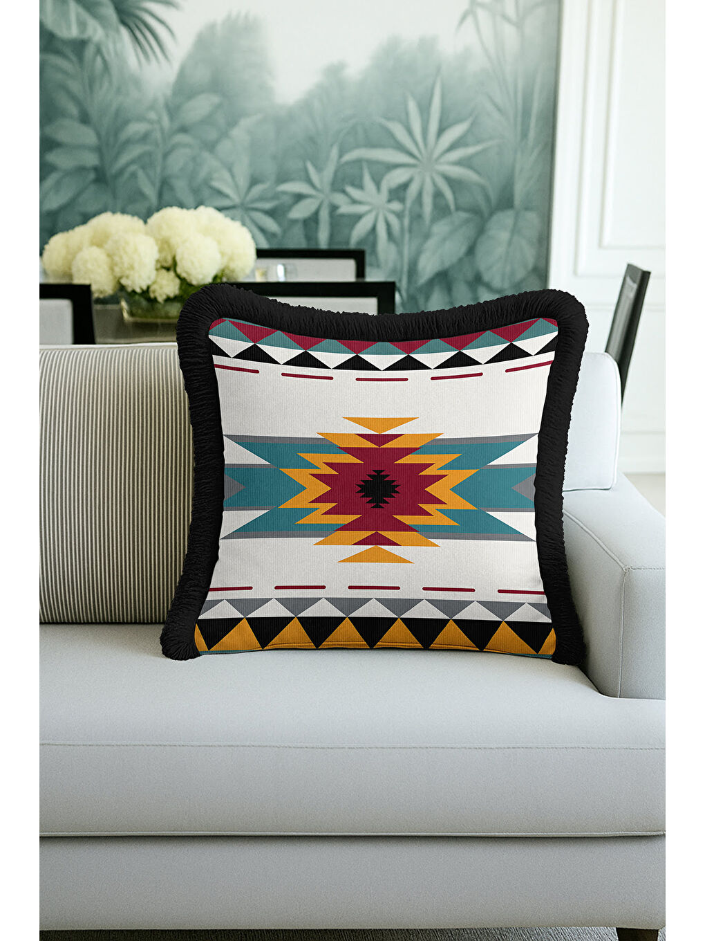 Karışık Etnik Geometrik Saçaklı Yastık Kılıfı - Bohem Tribal Modern Sarı Siyah Püsküllü Kırlent Kılıfı-4