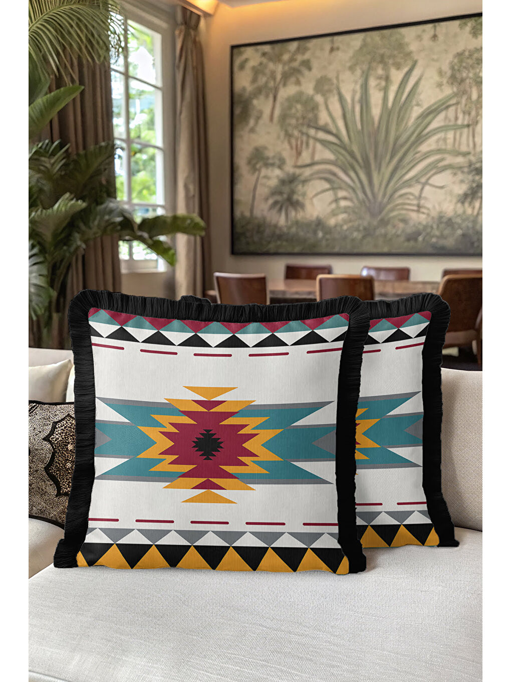 Karışık Etnik Geometrik Saçaklı Yastık Kılıfı - Bohem Tribal Modern Sarı Siyah Püsküllü Kırlent Kılıfı-5