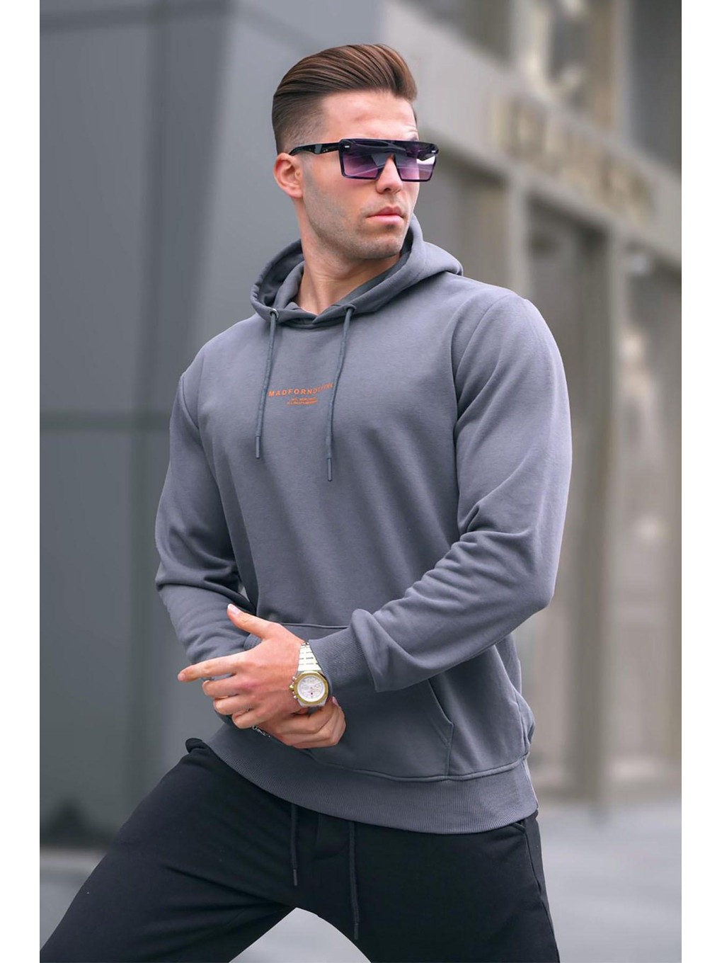 Gri Füme Kapüşonlu Baskılı Erkek Sweatshirt 6017