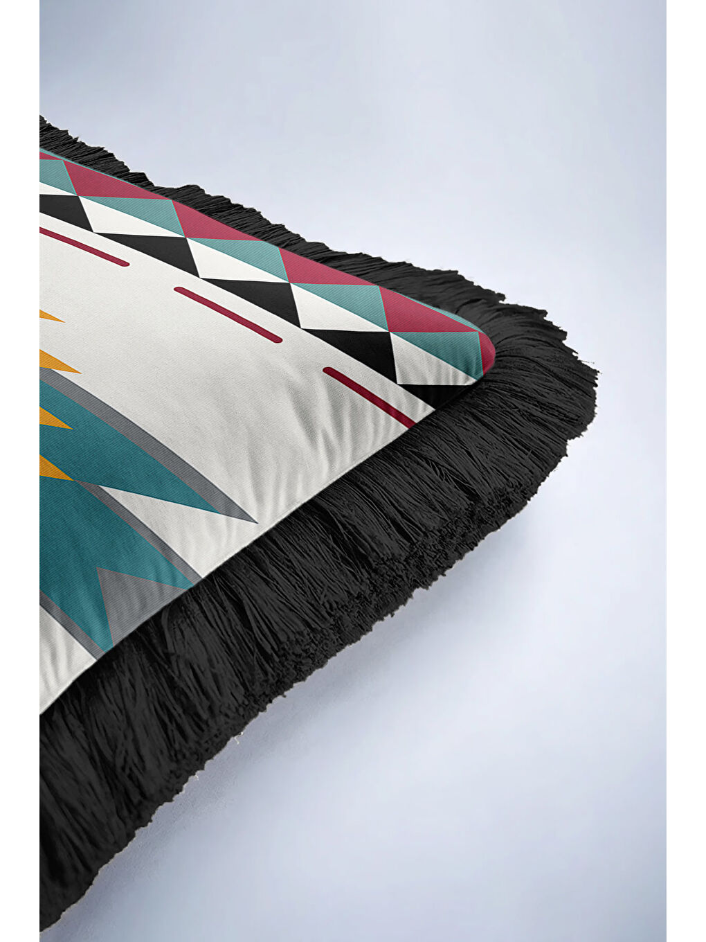 Karışık Etnik Geometrik Saçaklı Yastık Kılıfı - Bohem Tribal Modern Sarı Siyah Püsküllü Kırlent Kılıfı-6