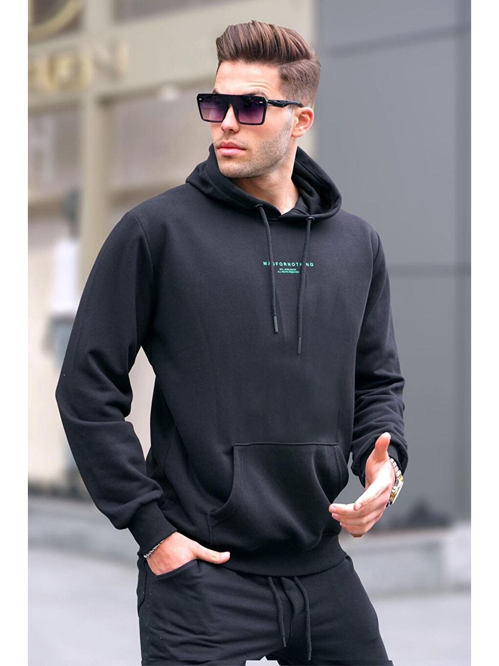 Siyah Kapüşonlu Baskılı Erkek Sweatshirt 6017