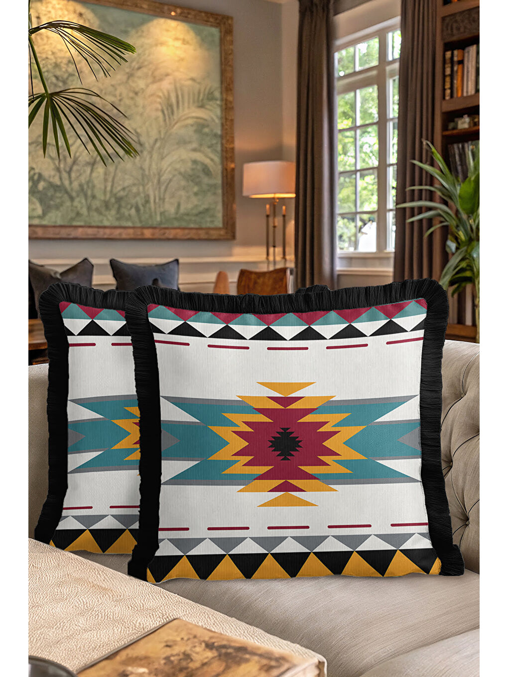 Karışık Etnik Geometrik Saçaklı Yastık Kılıfı - Bohem Tribal Modern Sarı Siyah Püsküllü Kırlent Kılıfı-7