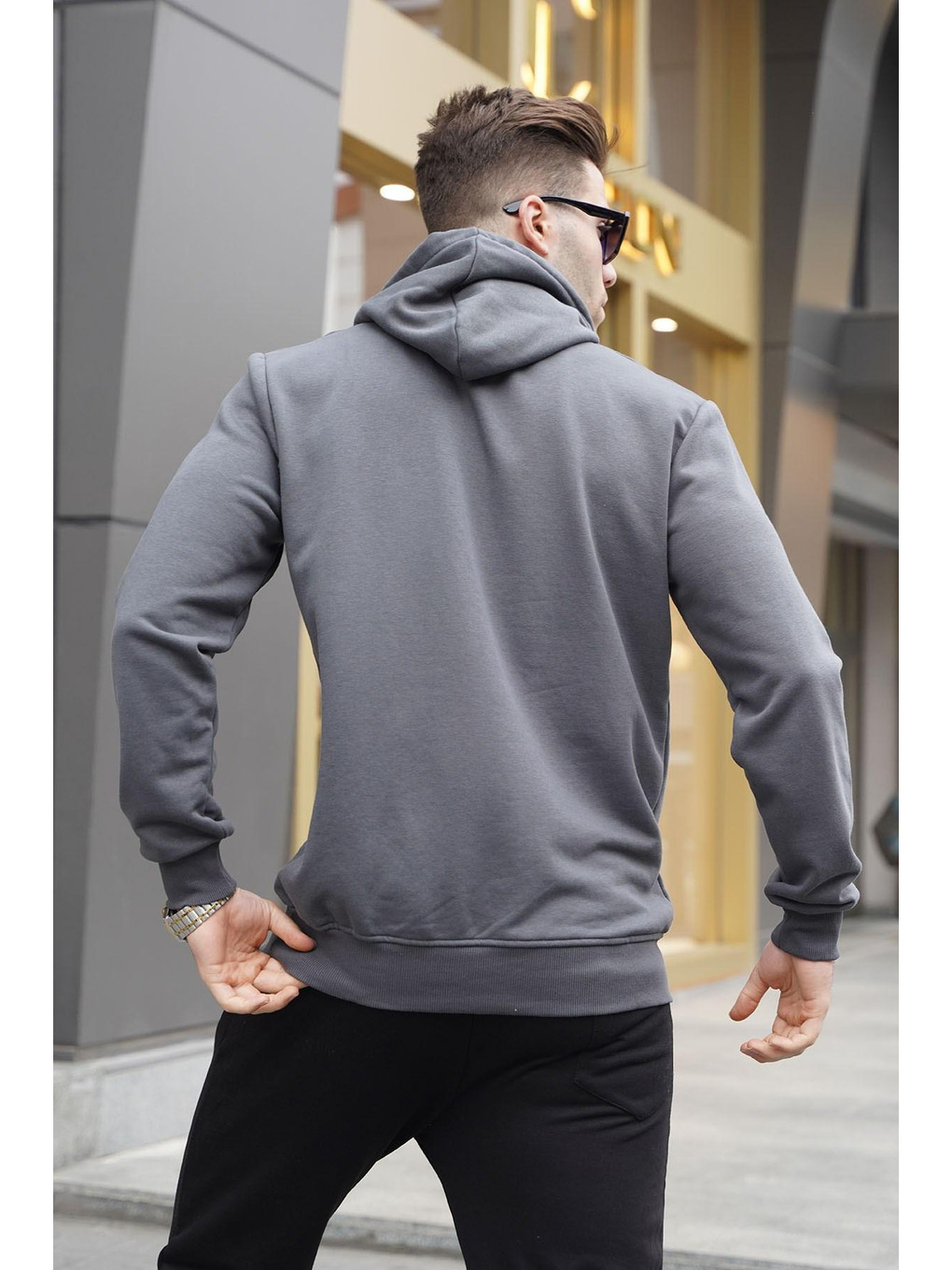 Gri Füme Kapüşonlu Baskılı Erkek Sweatshirt 6017-1