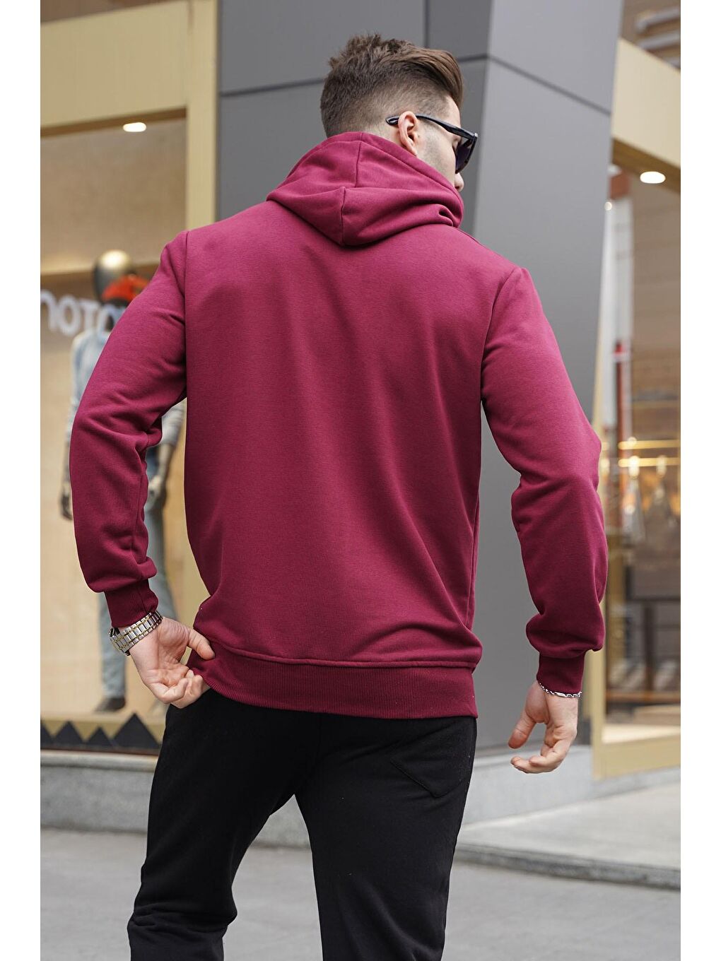 Bordo Kapüşonlu Baskılı  Erkek Hoodie 6017-1