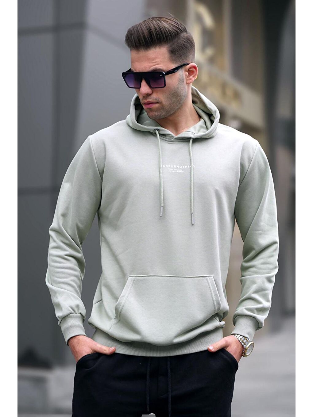 Mint Yeşili Kapüşonlu Baskılı Erkek Sweatshirt 6017