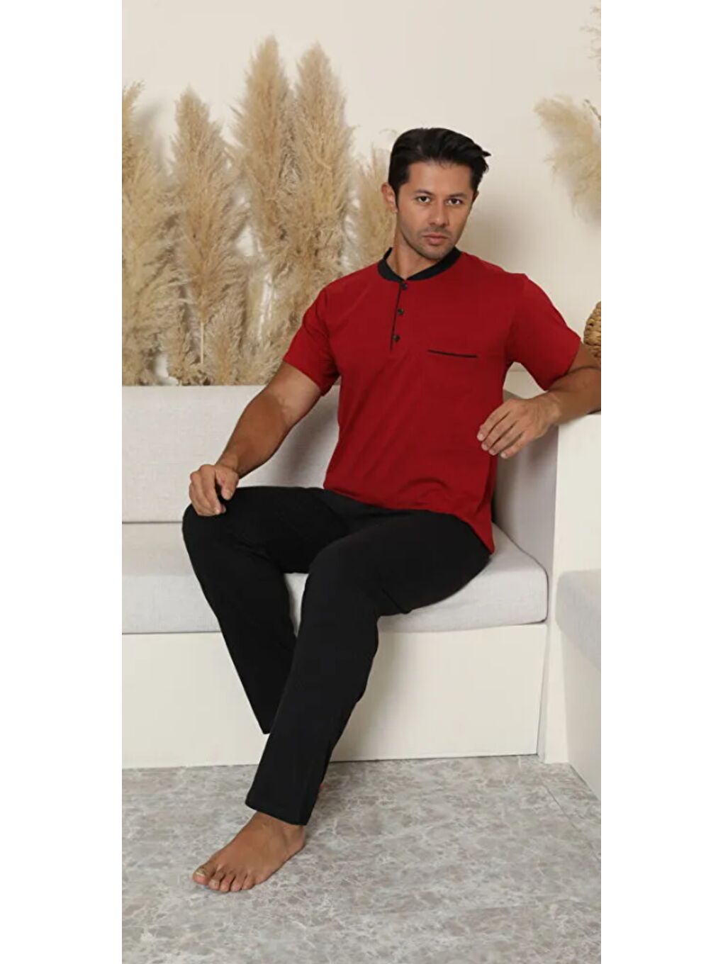 Erkek Bordo %100 Organik Doğal Pamuk Yüksek Kalite Düğmeli Kısa Kollu Pijama Takımı