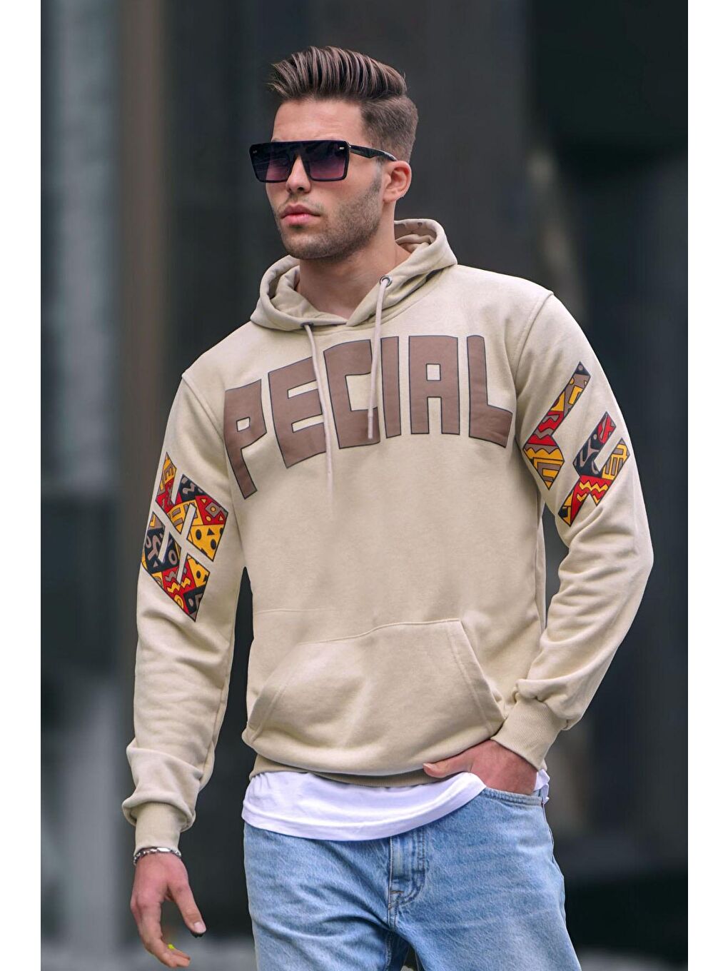 Bej Baskılı Kapüşonlu Erkek Sweatshirt 6039