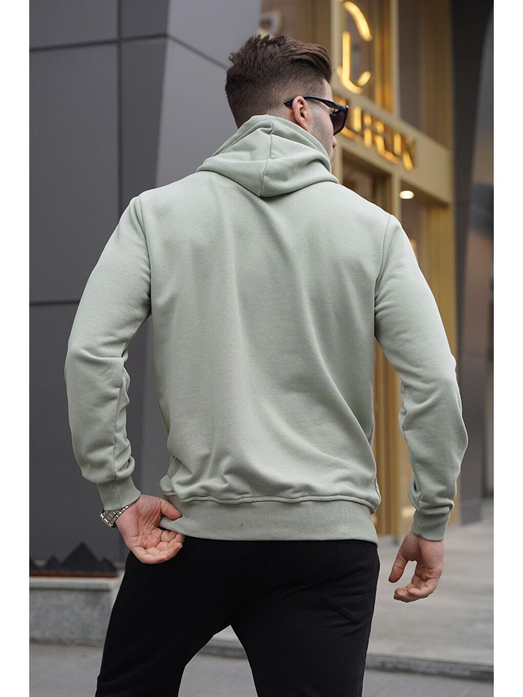 Mint Yeşili Kapüşonlu Baskılı Erkek Sweatshirt 6017-1