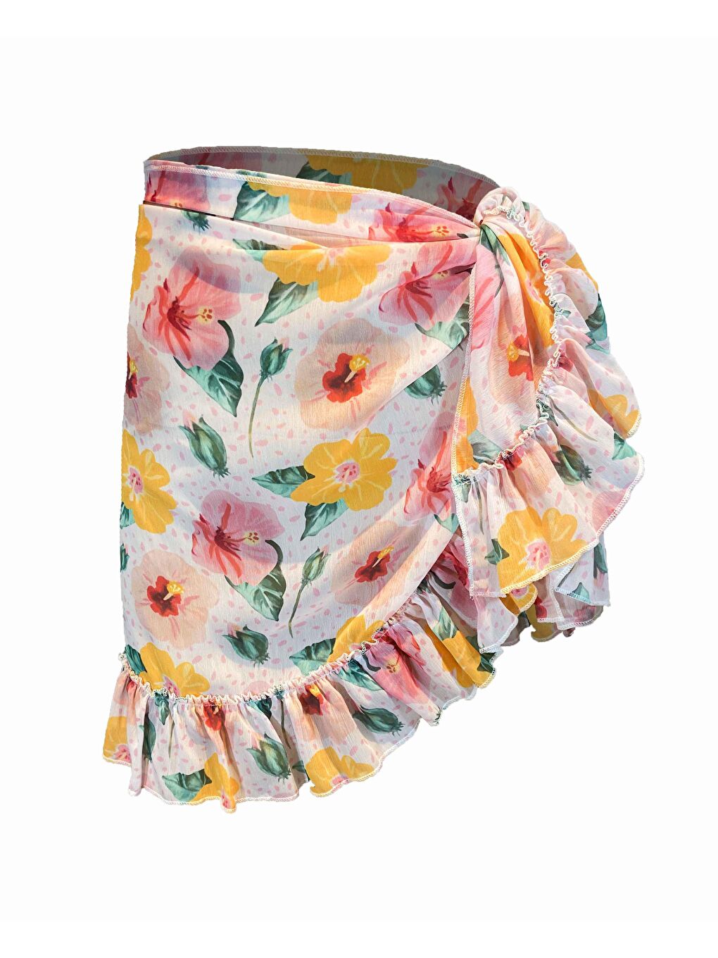 Frida  Pembe Sarı Çiçek Desen Kısa Fırfırlı Pareo
