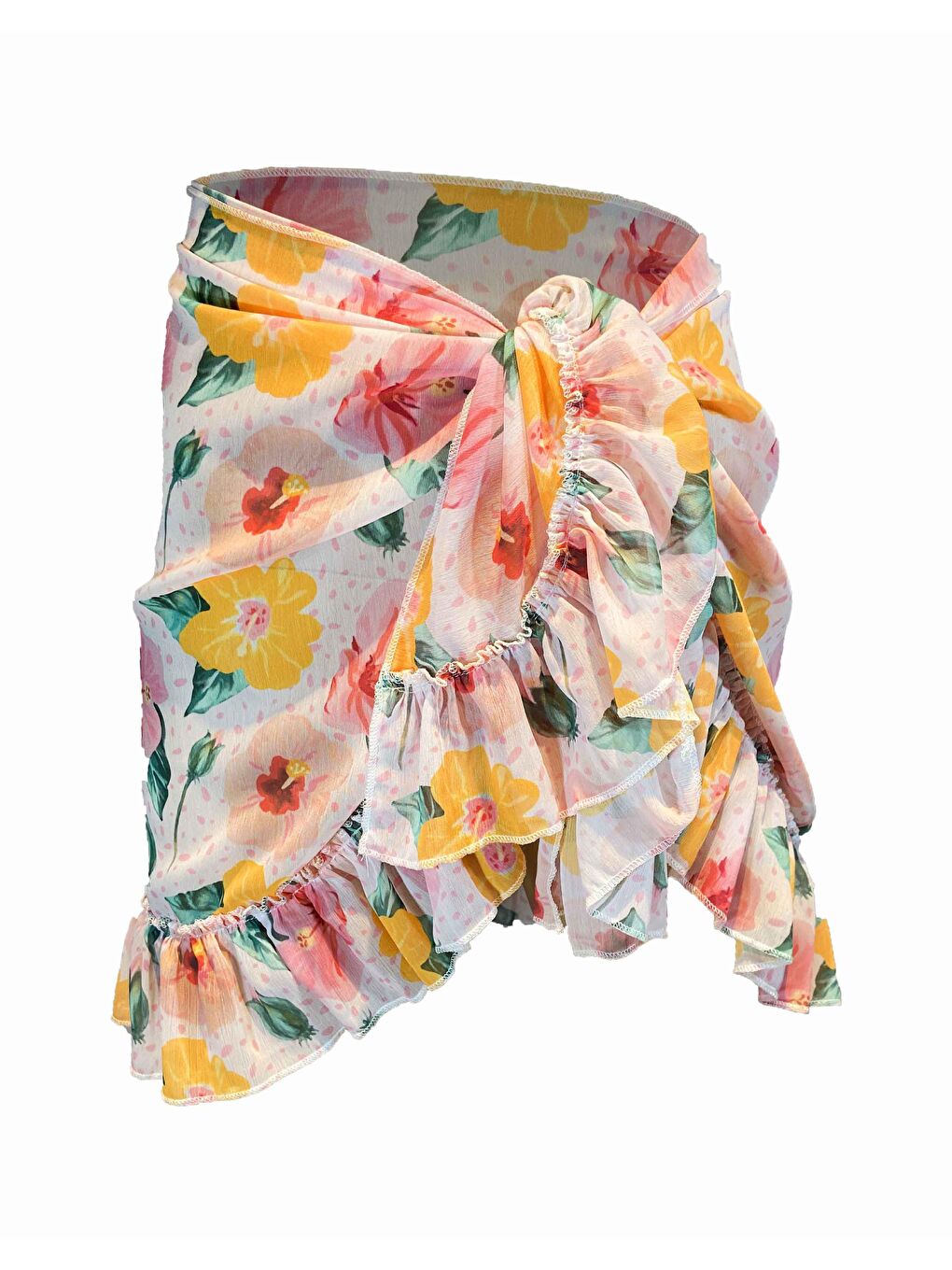 Frida  Pembe Sarı Çiçek Desen Kısa Fırfırlı Pareo-1