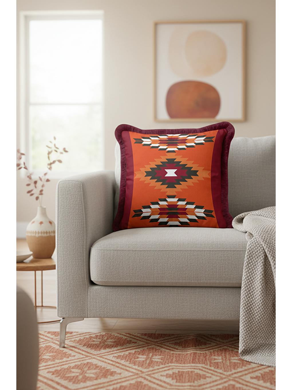 Karışık Etnik Geometrik Saçaklı Yastık Kılıfı - Modern Bohem Kiremit Bordo Püsküllü Kırlent Kılıfı-4
