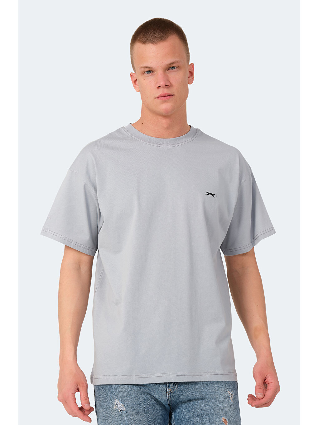 Gri Bisiklet Yaka Kısa Kollu Oversize Erkek Tişört