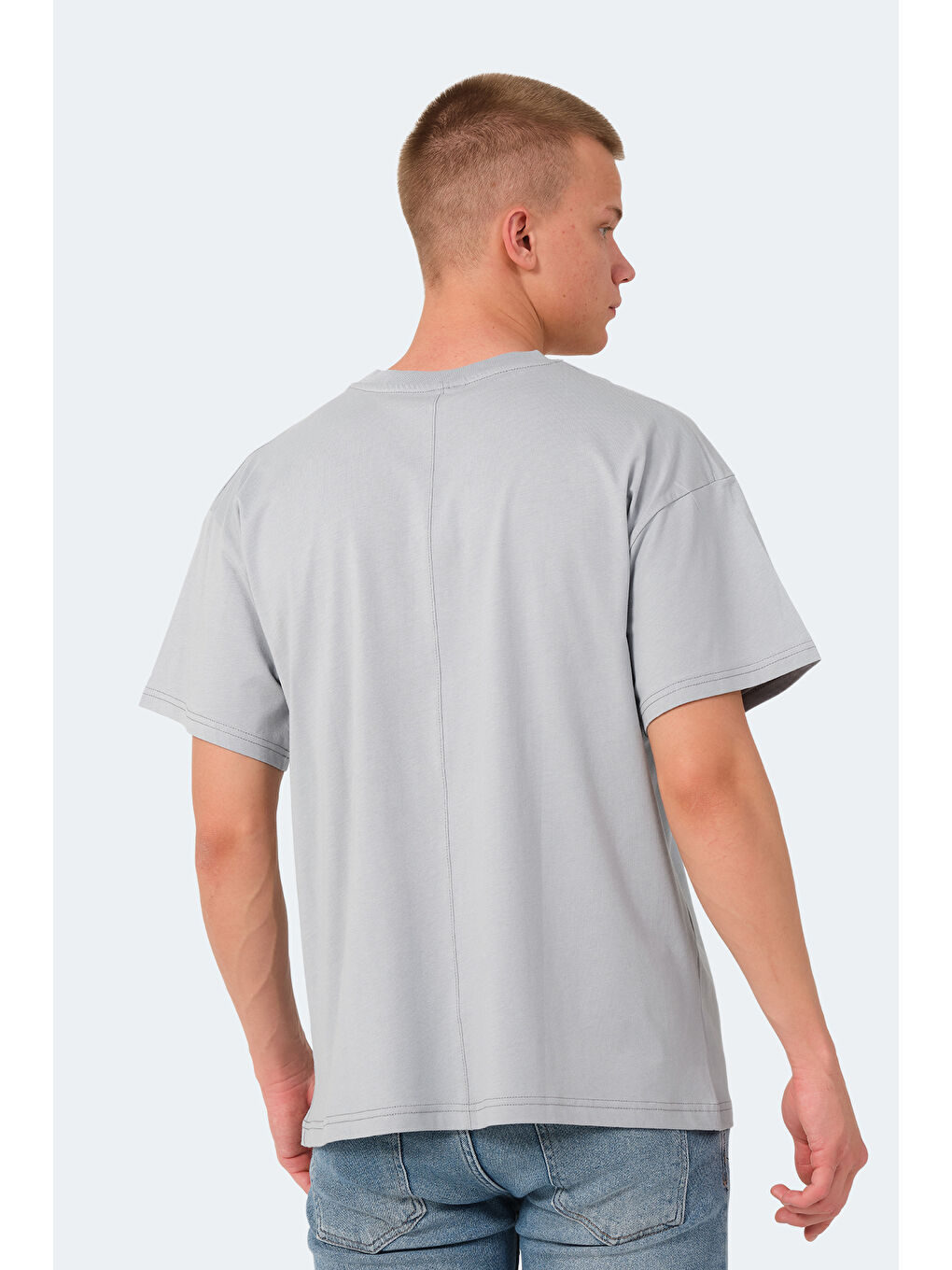 Gri Bisiklet Yaka Kısa Kollu Oversize Erkek Tişört-1