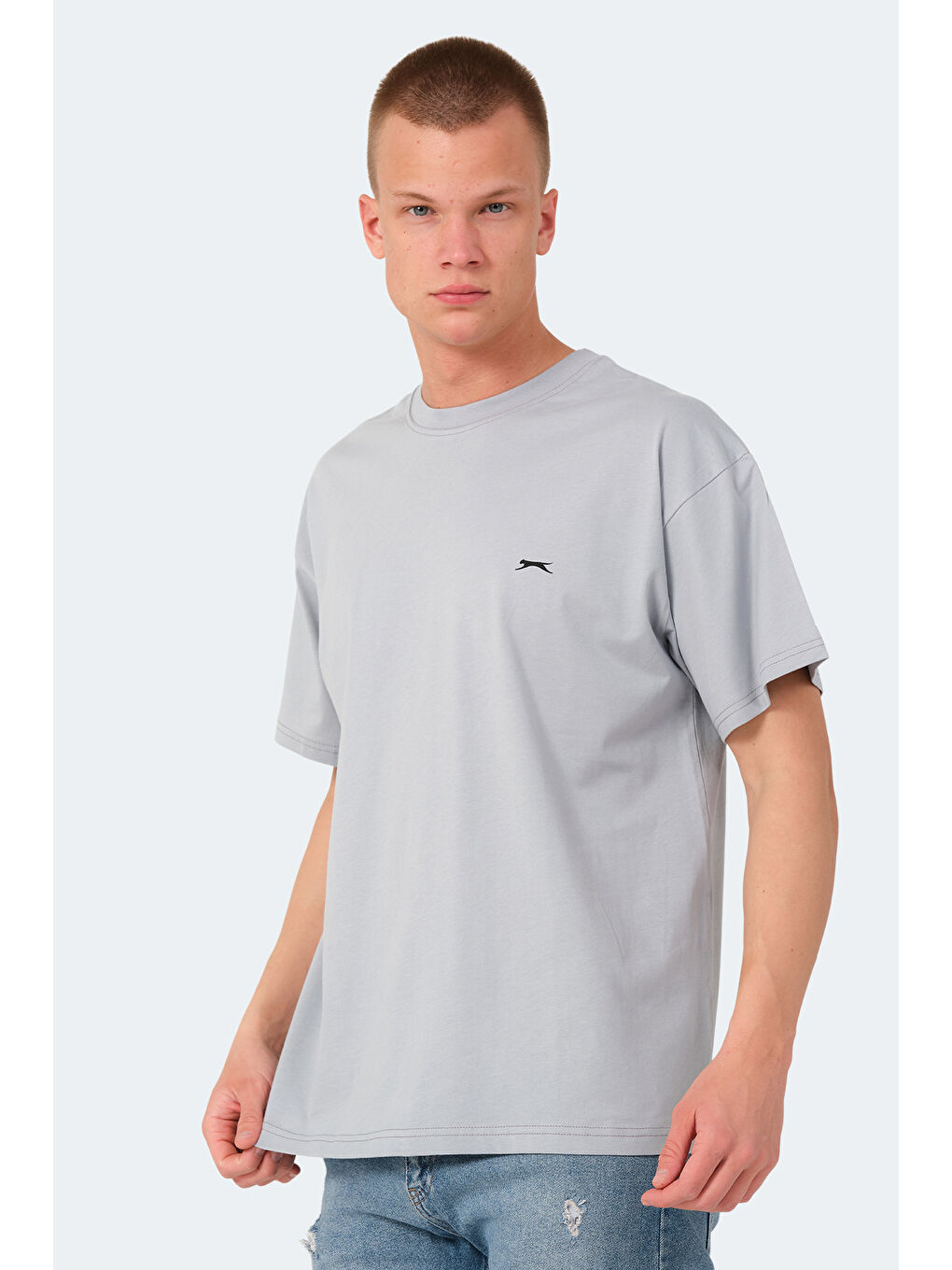Gri Bisiklet Yaka Kısa Kollu Oversize Erkek Tişört-2