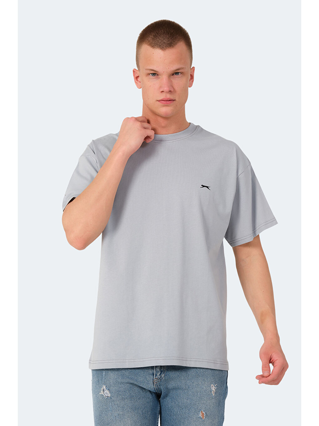 Gri Bisiklet Yaka Kısa Kollu Oversize Erkek Tişört-3