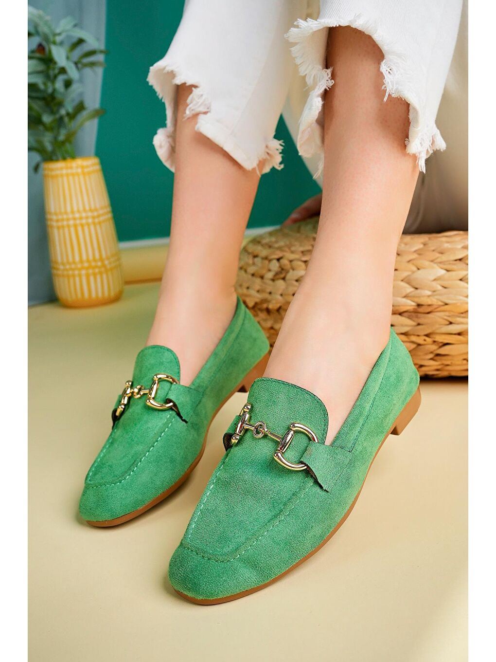 Yeşil MONA Metal Tokalı Deri Kadın Loafer Günlük Ayakkabı-1