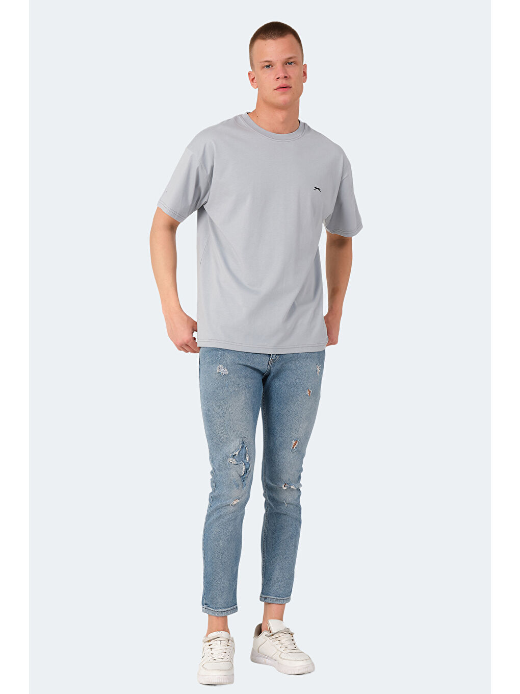 Gri Bisiklet Yaka Kısa Kollu Oversize Erkek Tişört-5