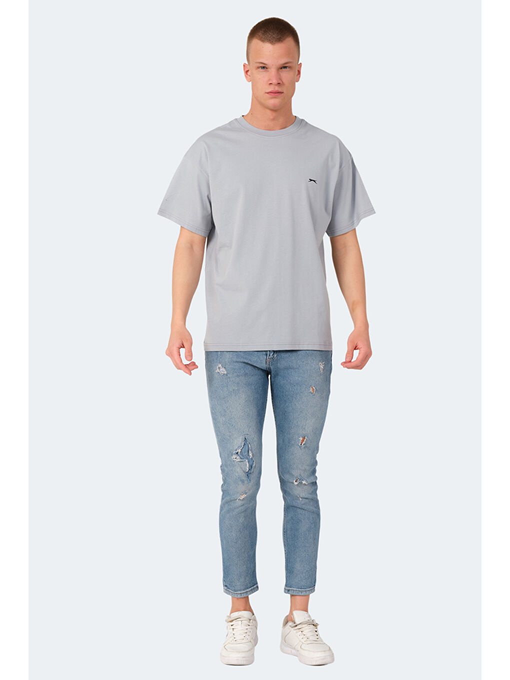 Gri Bisiklet Yaka Kısa Kollu Oversize Erkek Tişört-6