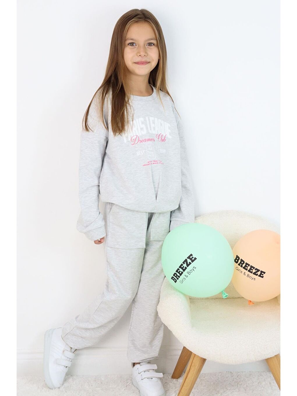 Kız Çocuk Eşofman Takım Lig Temalı Ön Kısmı V Dikişli Açık Gri Melanj (5-10 Yaş)-1