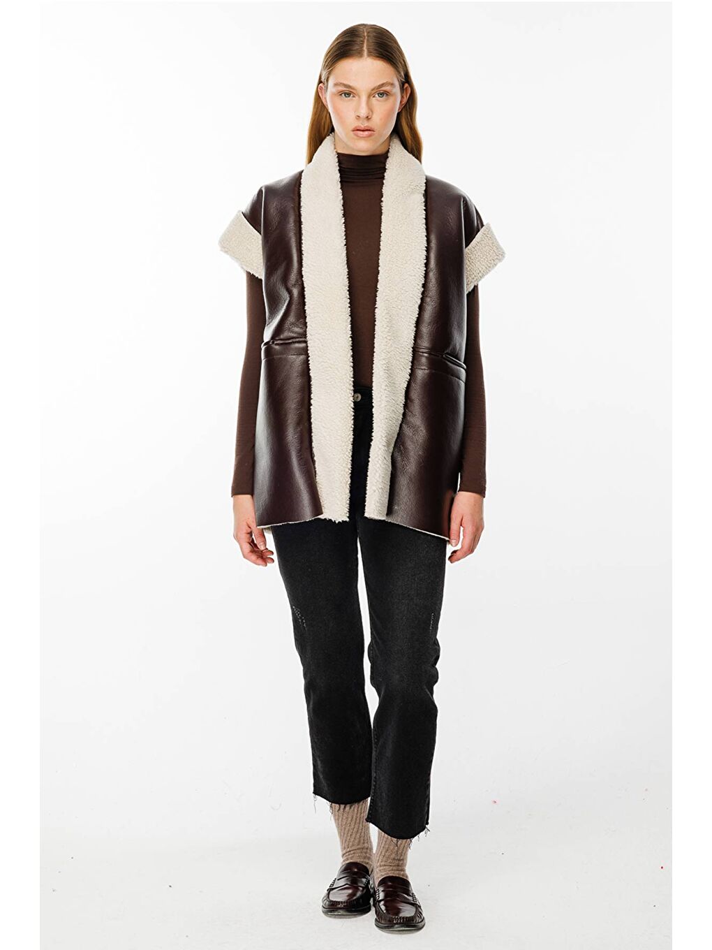 Kahverengi Şal Yaka Kürklü Deri Yelek - Kahve-1