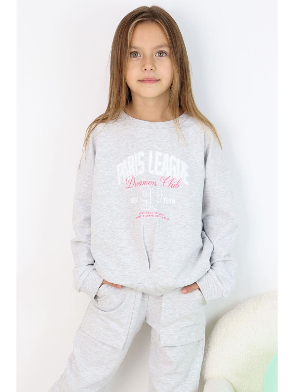 Kız Çocuk Eşofman Takım Lig Temalı Ön Kısmı V Dikişli Açık Gri Melanj (5-10 Yaş)-3
