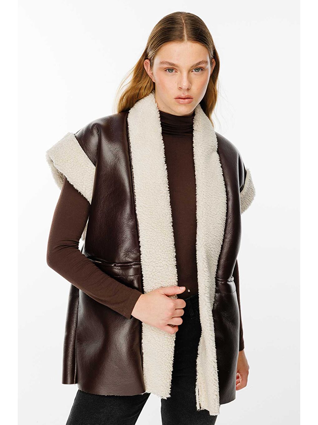 Kahverengi Şal Yaka Kürklü Deri Yelek - Kahve-3
