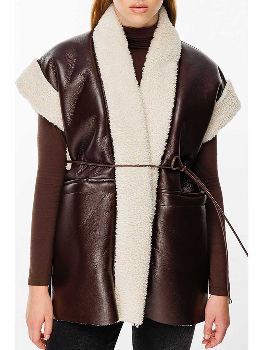 Kahverengi Şal Yaka Kürklü Deri Yelek - Kahve-4