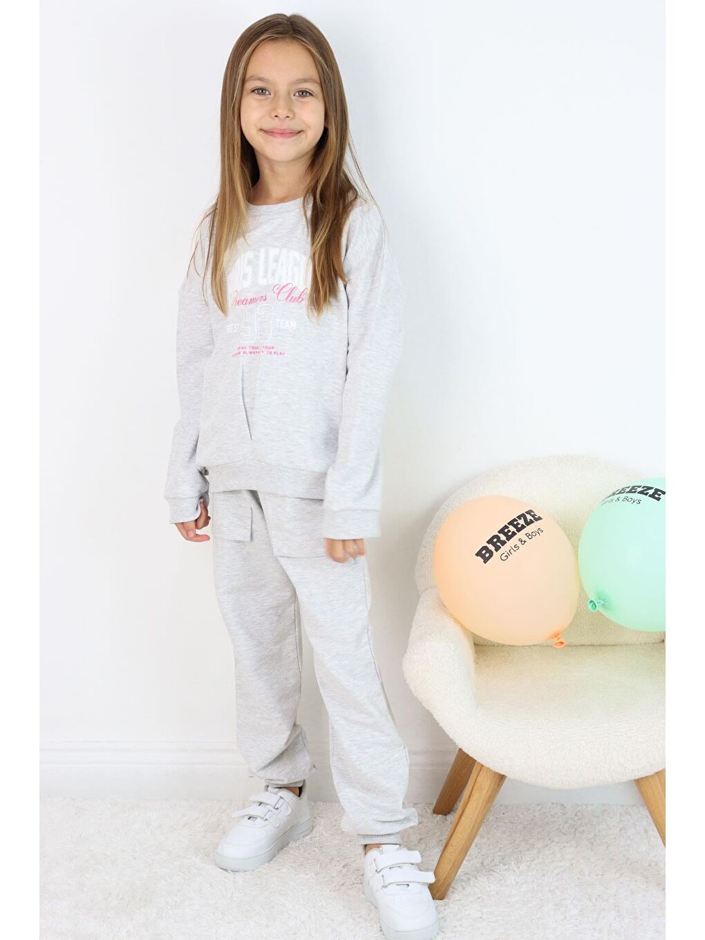 Kız Çocuk Eşofman Takım Lig Temalı Ön Kısmı V Dikişli Açık Gri Melanj (5-10 Yaş)-4