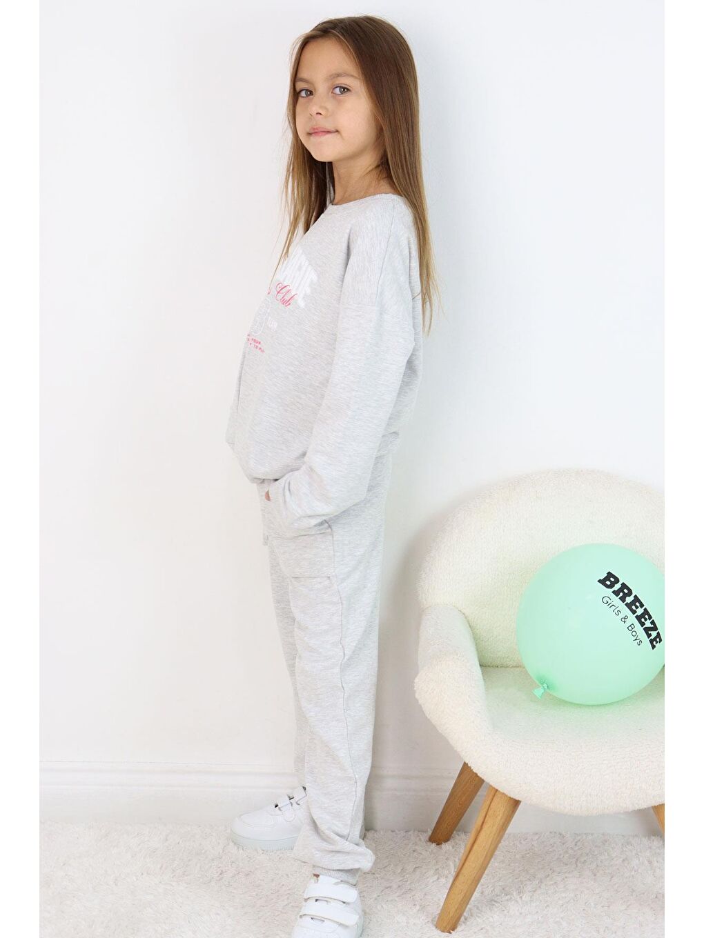 Kız Çocuk Eşofman Takım Lig Temalı Ön Kısmı V Dikişli Açık Gri Melanj (5-10 Yaş)-6