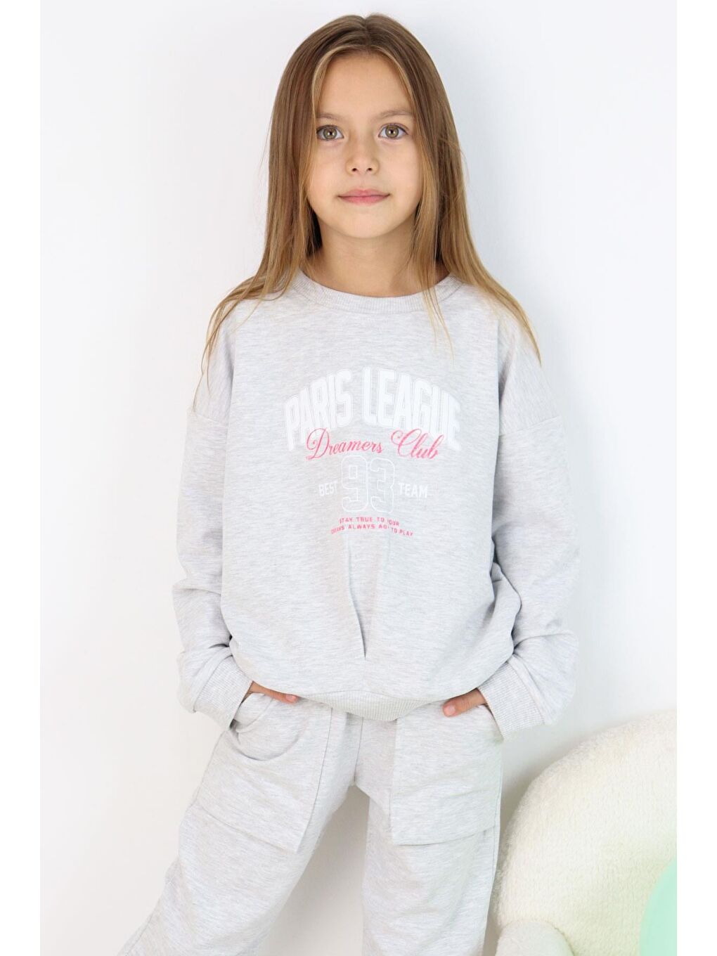 Kız Çocuk Eşofman Takım Lig Temalı Ön Kısmı V Dikişli Açık Gri Melanj (5-10 Yaş)-7
